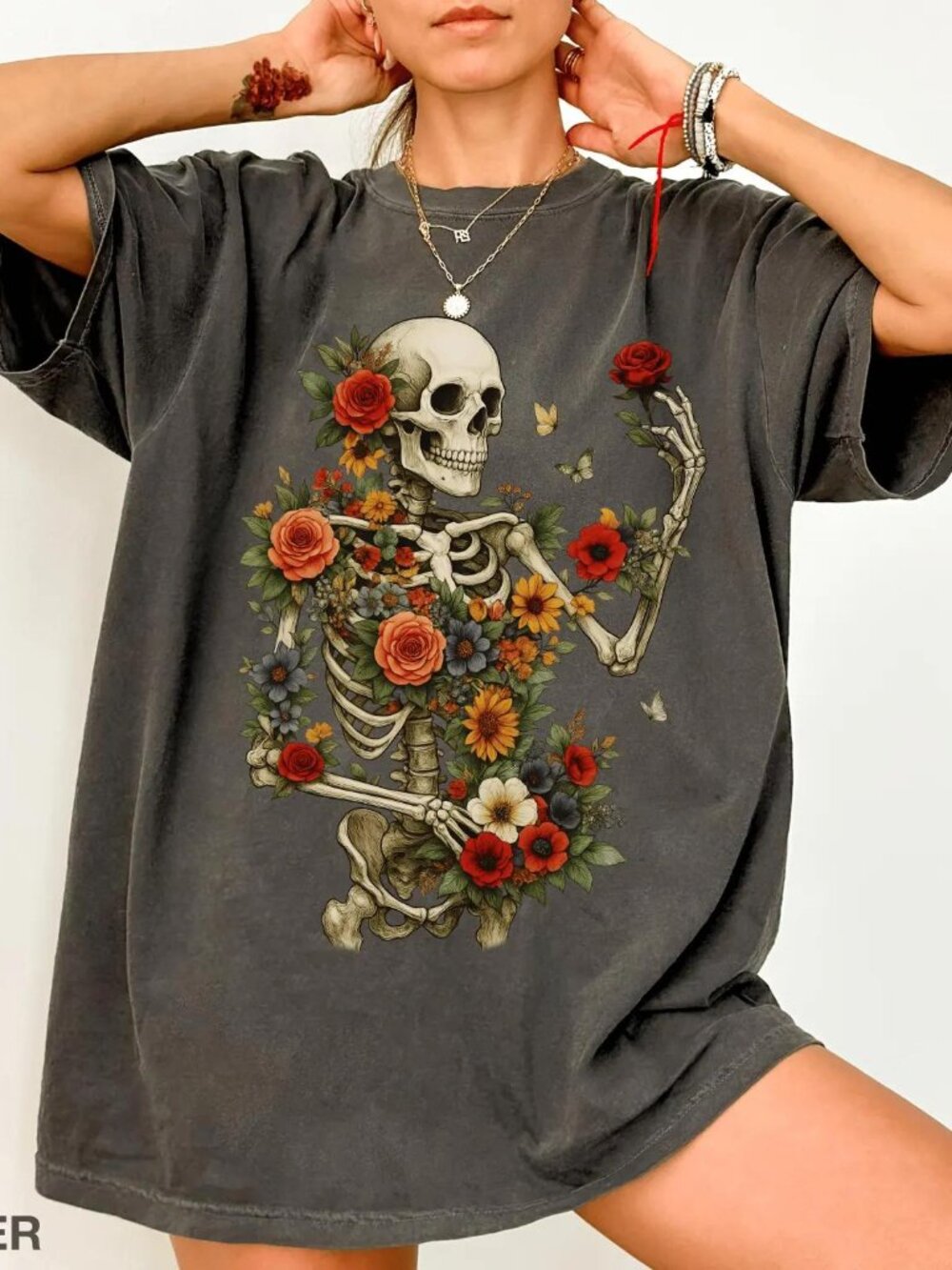 Dark Botanical Skeleton Shirt Gothic Cottagecore Tee Floral Skull Tshirt